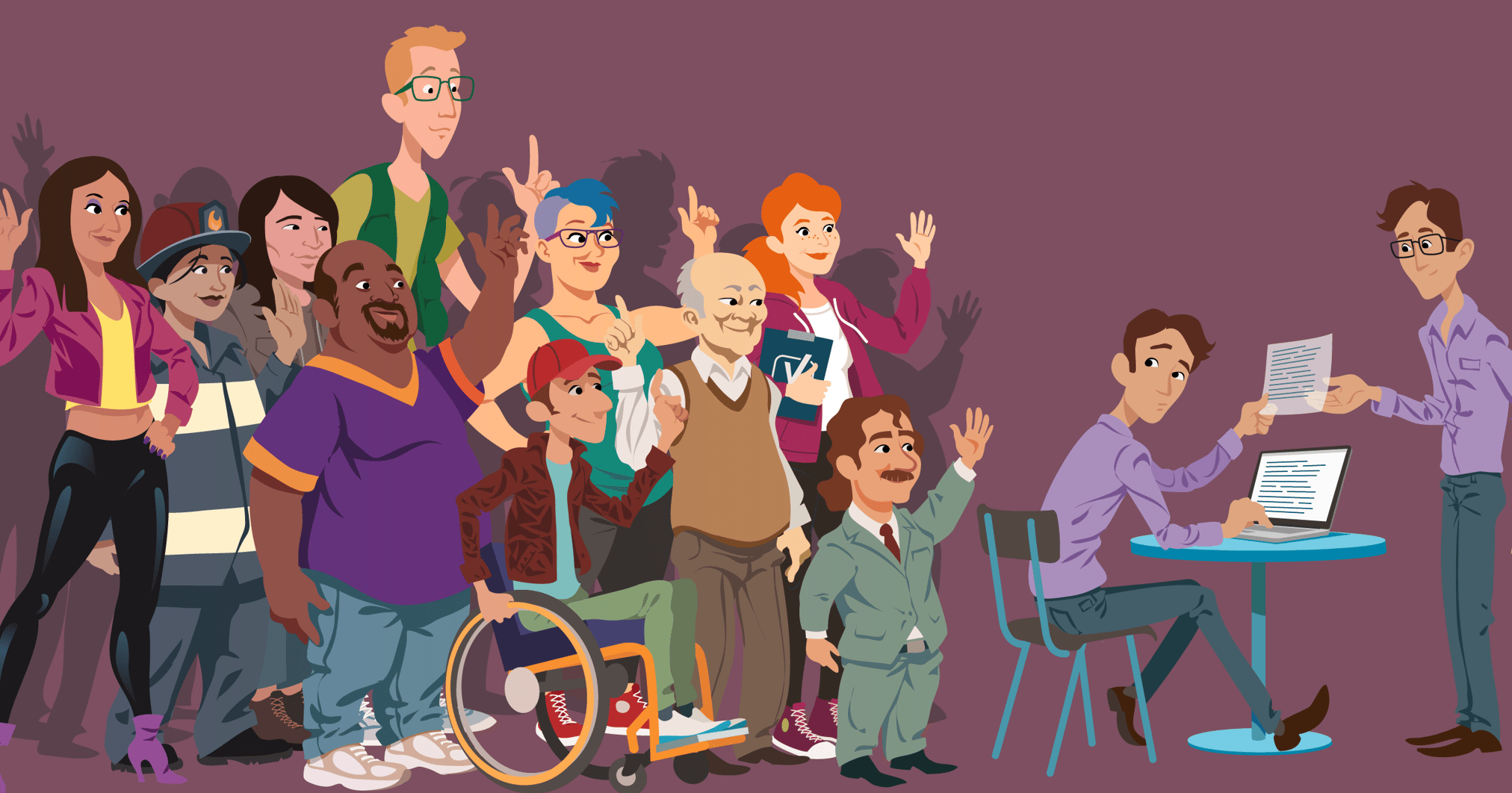 Yoast Inclusive drawing, a very diverse group of people.