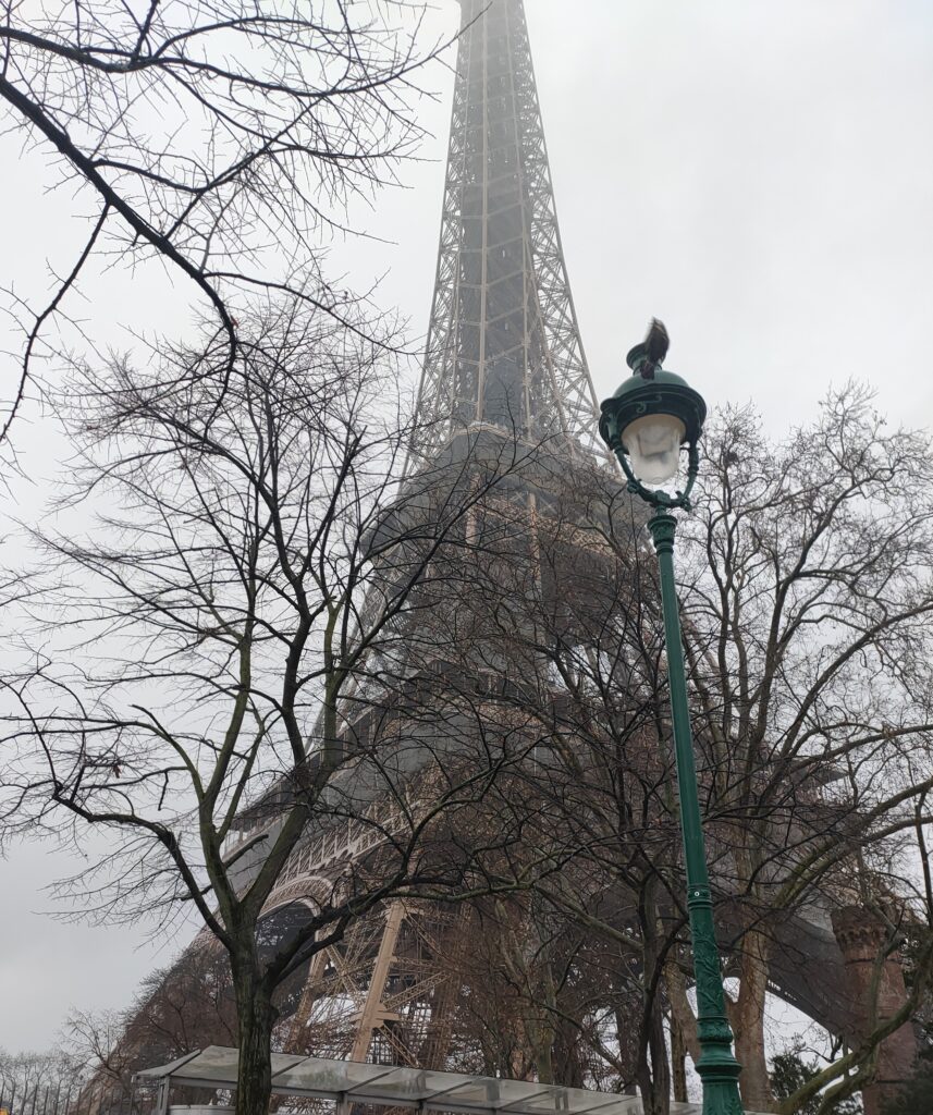 Eiffel Tower on a cloudy day, photograph taken from below the tower.